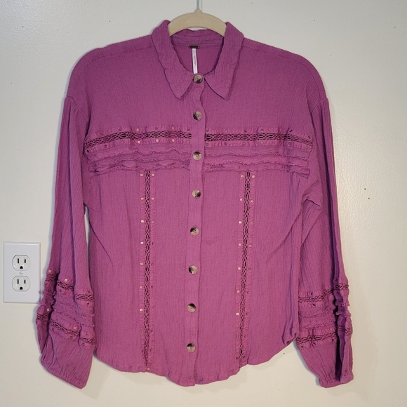 Free People (Women's Large) Summer Stars Pink Cotton Modal Button Down Shirt - Picture 4 of 8